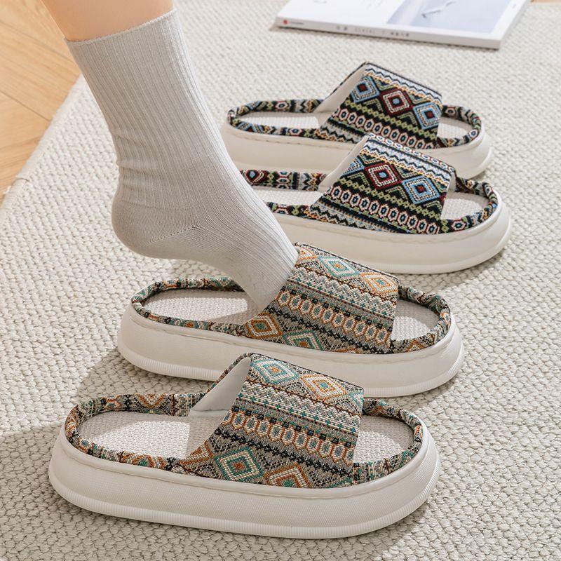 Ethnic style linen slippers home summer women's indoor household wooden floor non-slip breathable fabric cool slippers men
