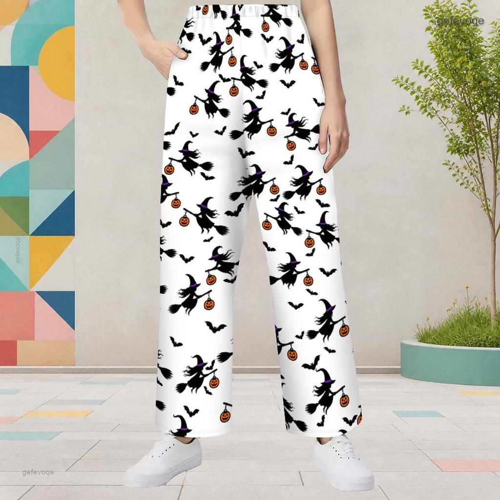 Girls White Halloween Cartoon Printed Wide Leg Long Pants