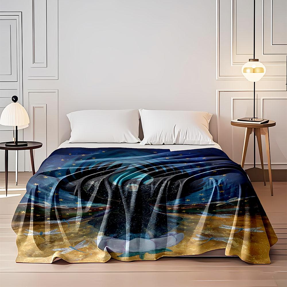 A Mystical Figure with Black Wings, Spiral Patterns, and a Starry Backdrop. for All Seasons Blanket Lunch Break Throw Gift
