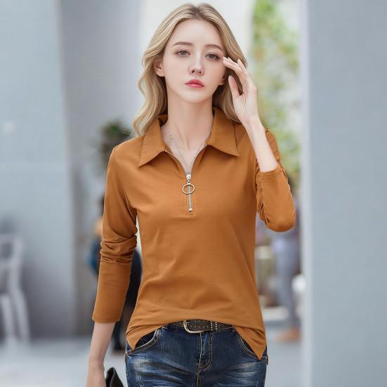 Women T-shirt Lapel Zipper Half Placket Long Sleeve Pullover Tops Solid Color Slim Fit Stretchy Casual Tee Shirt Work Party Vacation Daily Wear