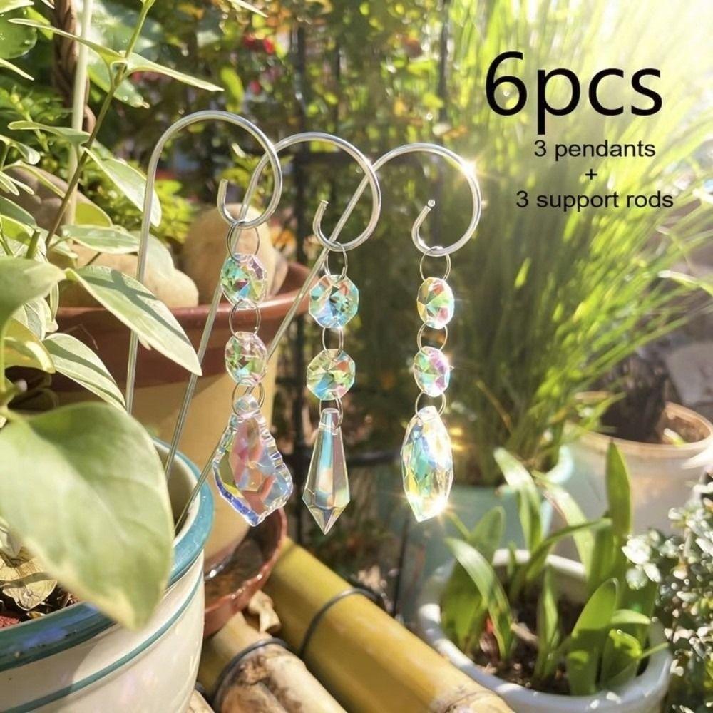 6Pcs/Set Handmade Garden Crystal Suncatchers Colorful Rainbow Plant Stakes Yard Decor