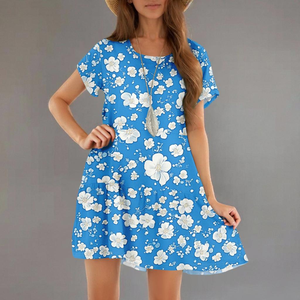 Women's Fashion Casual Round Neck Short Sleeve Ruffle Gradient Printed Dresses
