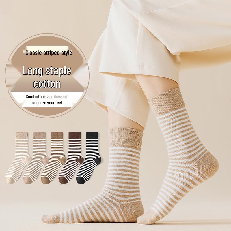 Women's Japanese Classic Striped Mid-Calf Socks, Anti-Pilling Cotton, Odor-Resistant, Autumn/Winter Style, Retro Student Trendy.