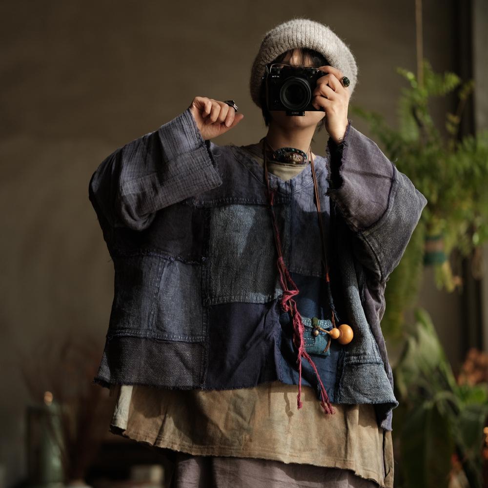 Johnature Dámská vintage patchworková trička s dlouhým rukávem a výstřihem do V, volná jarní trička