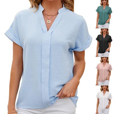 Frühling Sommer Neu Einfarbig V-Ausschnitt Kurzarm Locker Lässig Chiffon Bluse Für Grenzüberschreitende Frauen