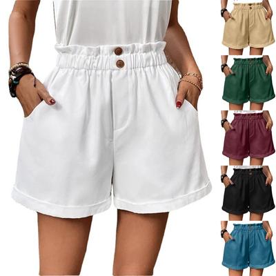Pocket Elastic Waist Loose Wide Leg Casual Shorts Hot Pants Solid Color Shorts