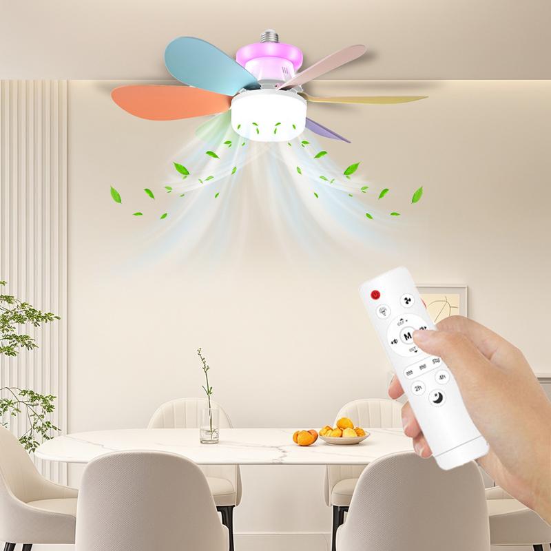 6-blades E27 Screw-on Household Silent Fan Light 3 Speeds Removable RGB Dimming Fan Light For Kitchen Bedroom Small Room