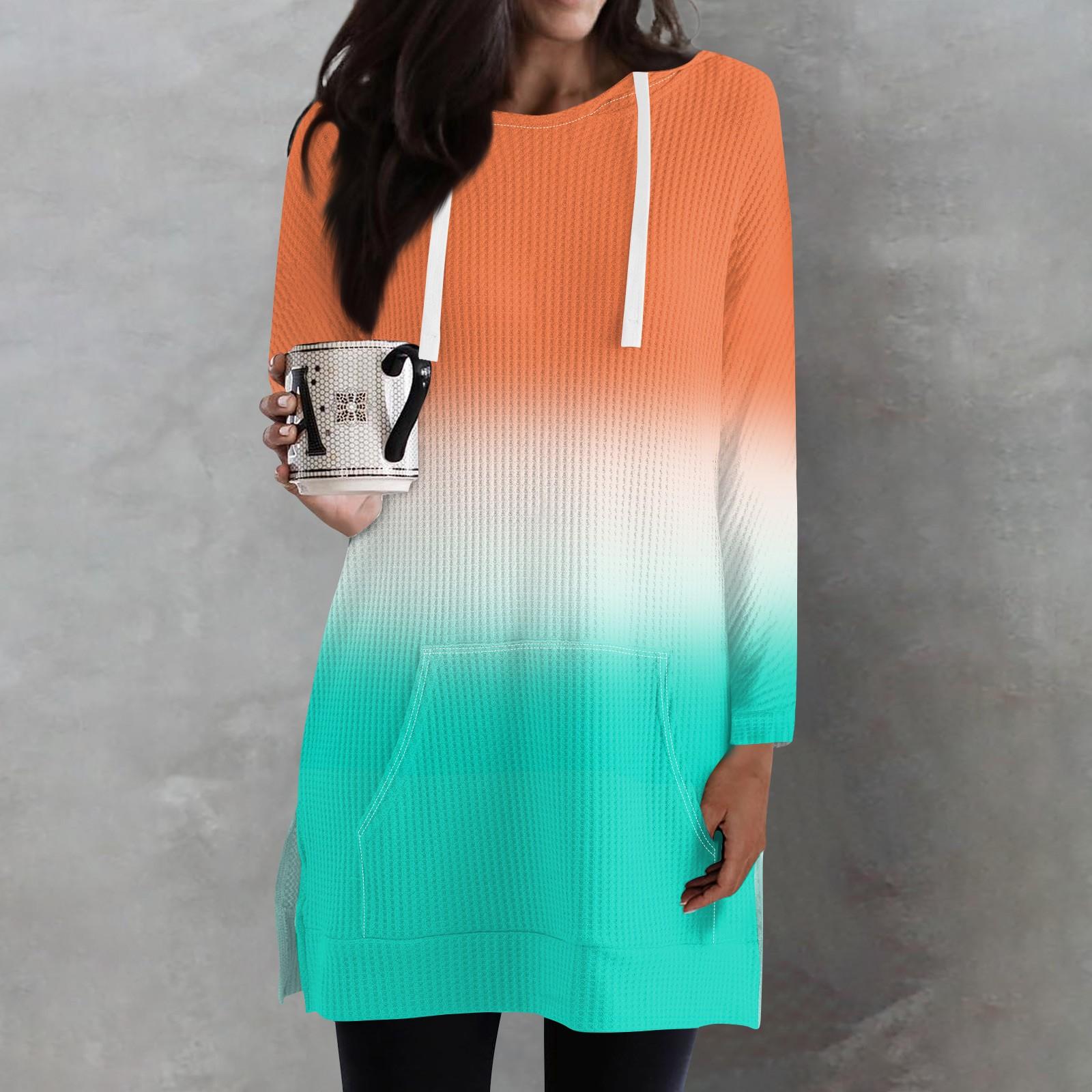 

Женские свободные рубашки с принтом, длинные рукава, толстовки с завязками, трикотажные туники с боковыми разрезами, топы с капюшоном и карманом XL оранжевый