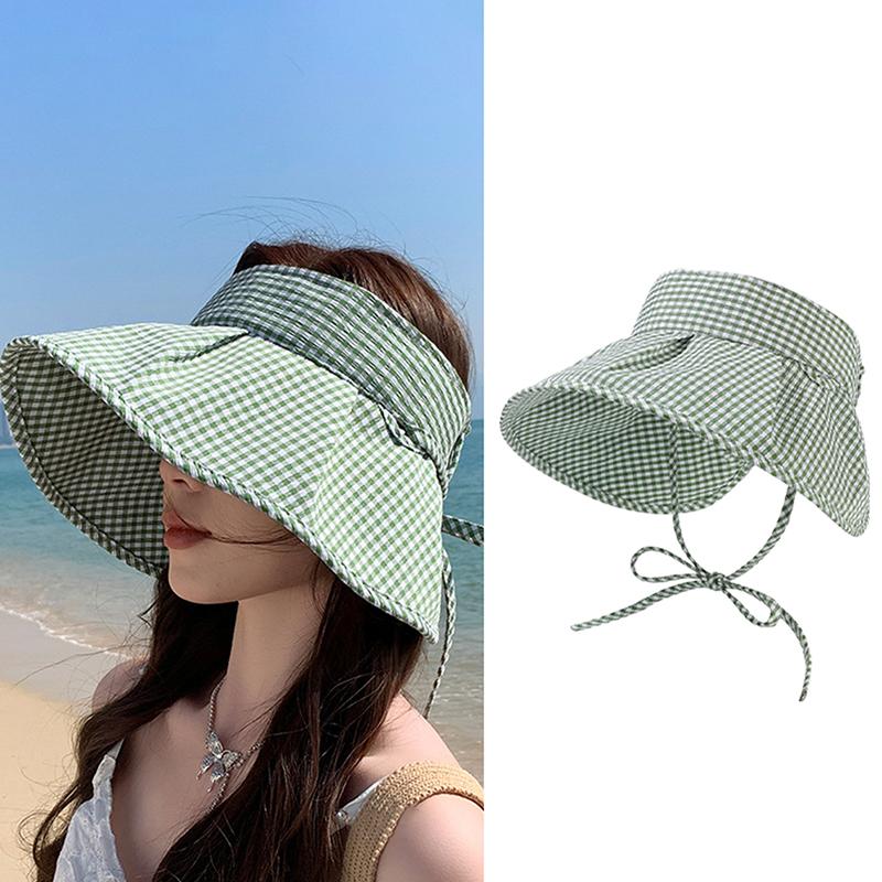 Summer Checkered Sun Hat Foldable Wide Brim Empty Top Beach Hat Breathable Uv Protection Women Sun Shade Visors