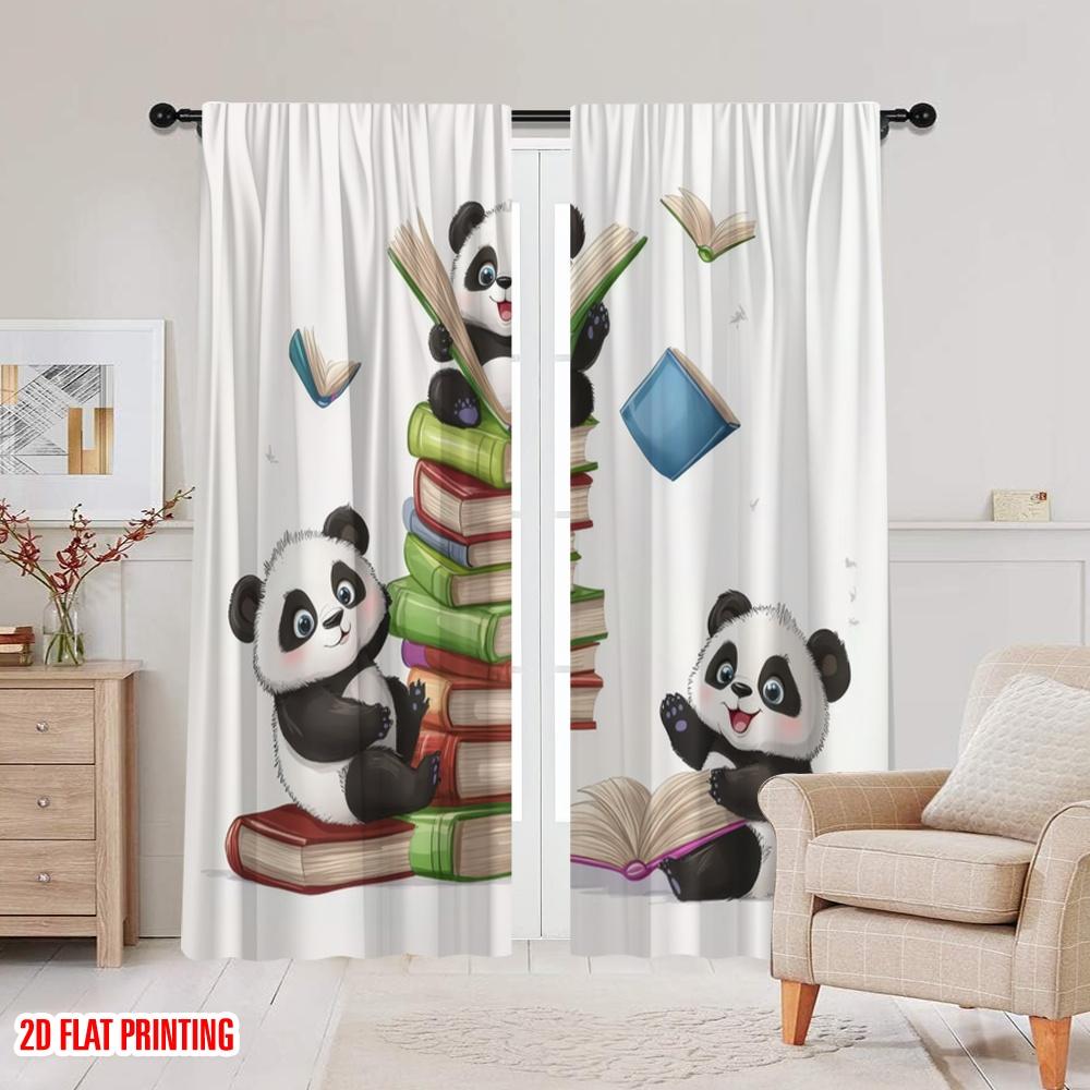 2pcs,2D plane printing Print Curtains Panda Book Club Versatile Polyester Fabric (without rod) Decorations Outdoor for Bedroom,