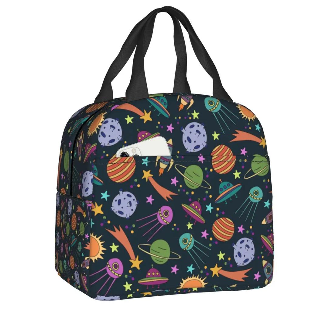 Cartoon Space Planet Rocket Thermal Insulated Lunch Bag Women Astronaut Spaceship Portable Lunch Box for Kids School Food Bags