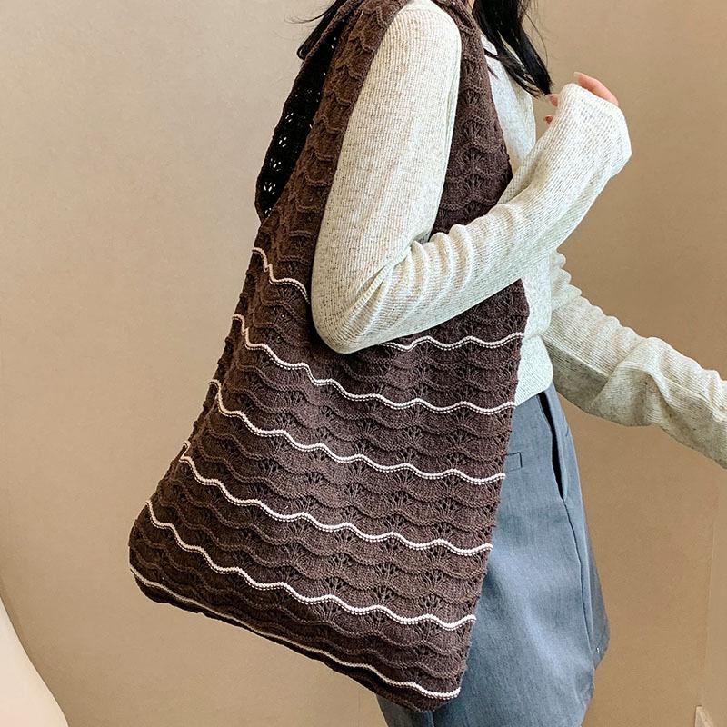 Knitted Large Capacity Stripe Pattern Crochet Tote Bag Beach Vacation Women's Hollow Shopping Shoulder Bags CLE