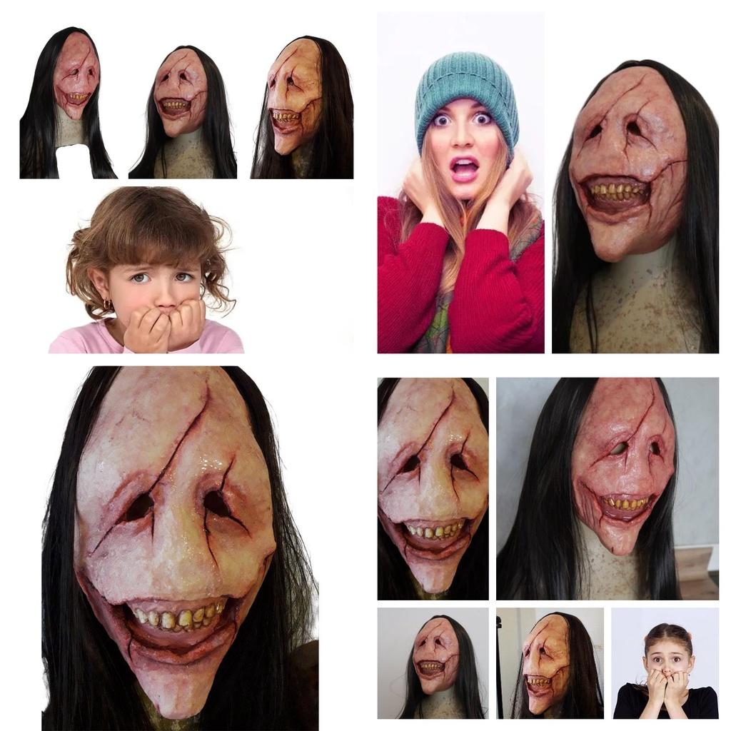 Halloween Horror Demon Mask With Long Hair Red-faced Devil Mask With Exposed Teeth