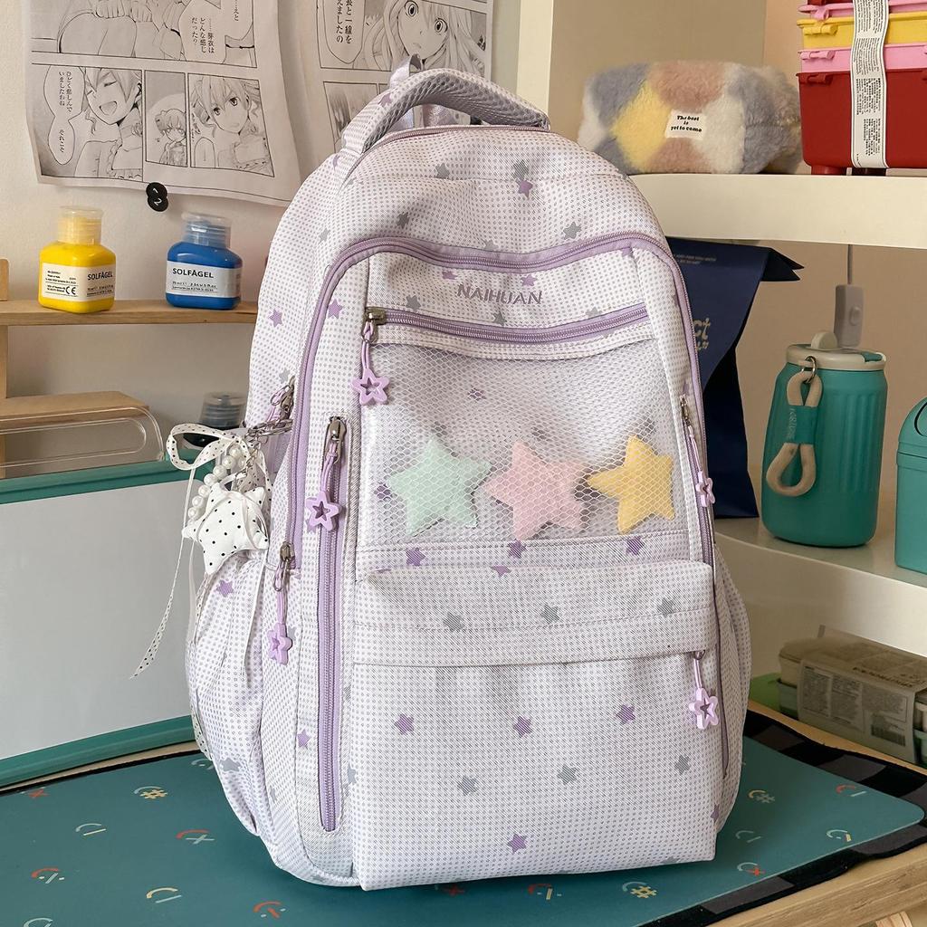 Schoolbag fog beige breathable mesh transparent window DIY backpack for primary and secondary school students sweet wind campus eye-catching schoolbag