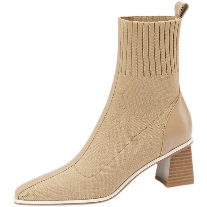 Socks Boots for Women's 2025New Square Toe Ankle Boot Fashion Woman Shoes Chunky Thick Heel British Knitted Short Boots