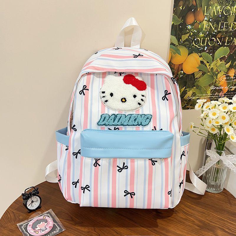 Schoolbag Japanese ins Cute Hello Kitty Striped Backpack Cartoon Puppy Bow Student School Bag Large Capacity Backpack