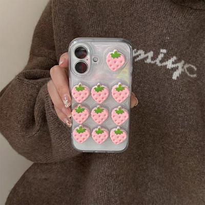 3D Strawberry Transparent Phone Case for IPhone 15 Promax Flash Powder for Apple 16 Pink Girl Heart 17