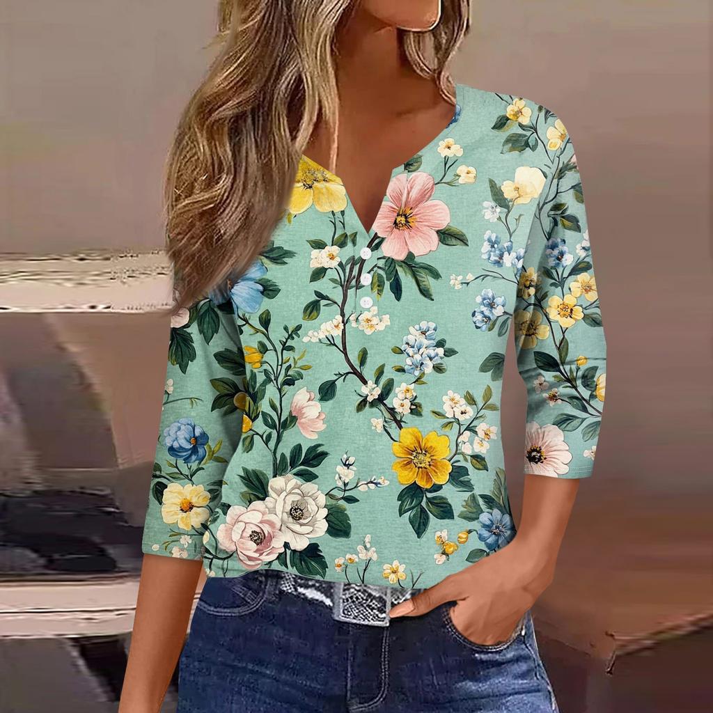 Women's Loose Casual Flower Print Seven Quarter Sleeved V-Neck Top Seven Quarter Sleeved V-Neck Top