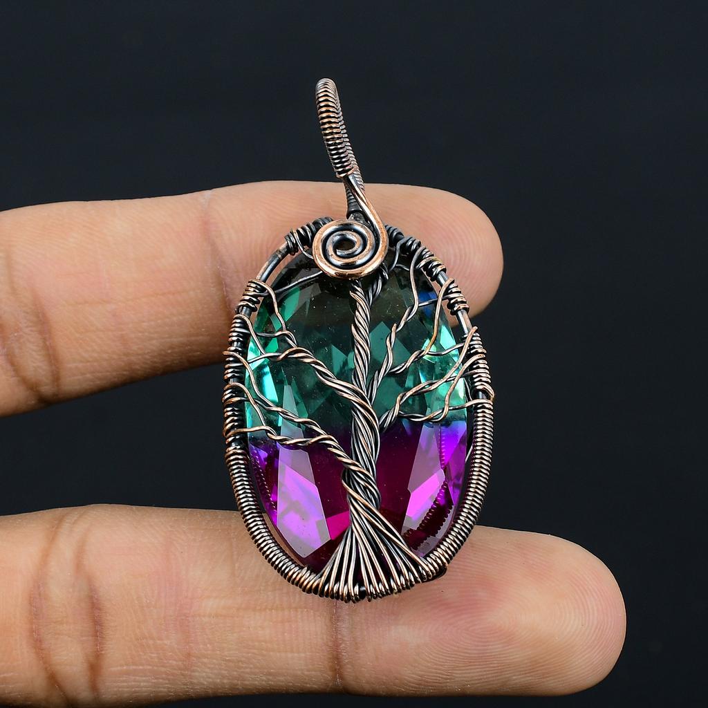 Natural Bi Color Tourmaline Gemstone Copper Wire Wrap Jewely Pendant 2.3" i3Y20