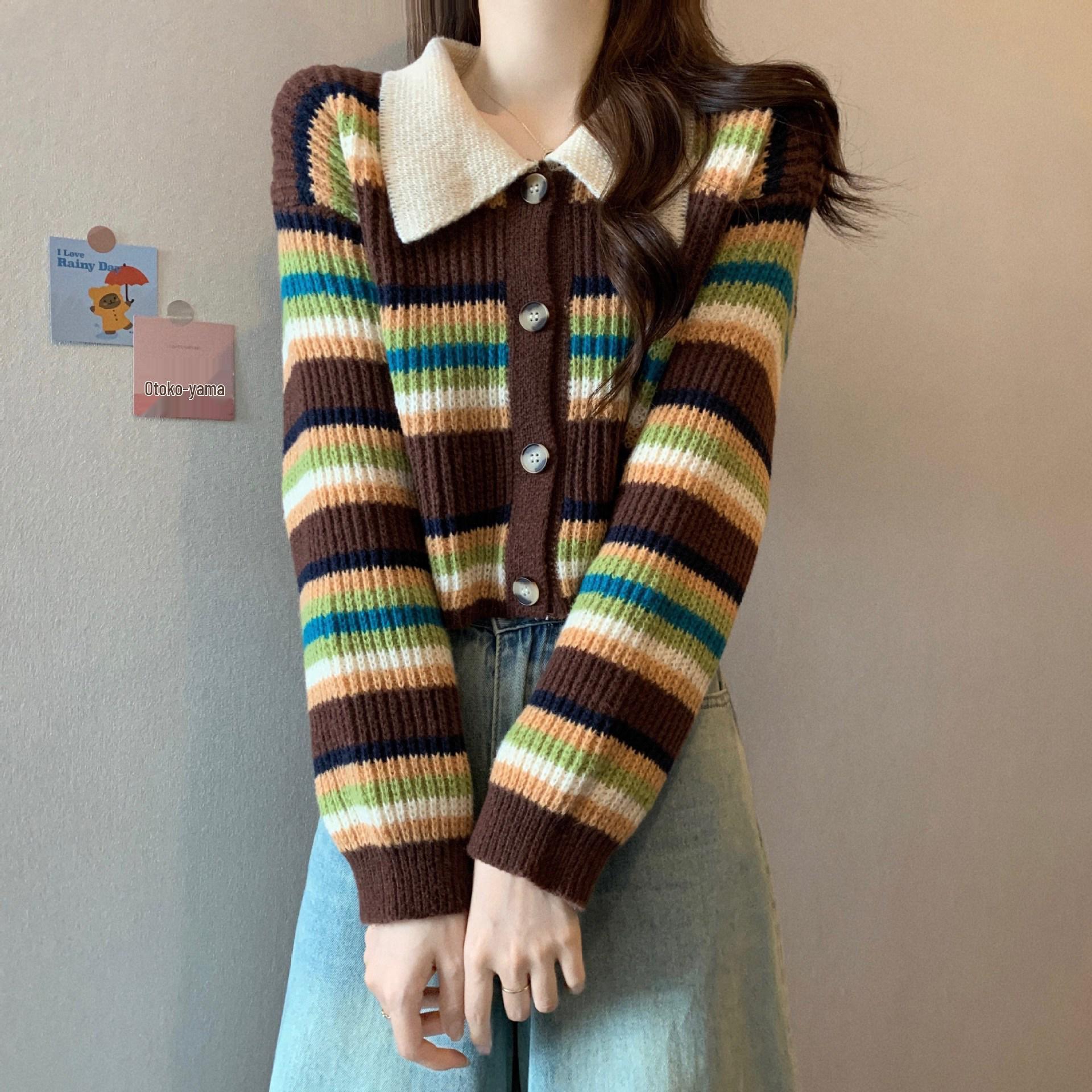 

Women s Autumn 2025 Turn-Down Collar Color Block Striped Knit Pullover Sweater One Size кавовий