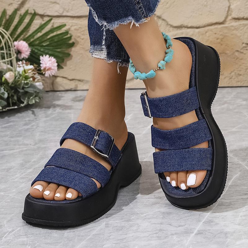 Blue Denim Chunky Platform Slippers Women Fashion Buckle Wedge Heels Sandals Woman Summer Comfort Thick Bottom Outdoor Slippers