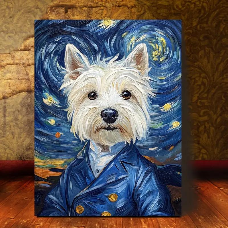 Van Gogh-Style West Highland White Terrier (Westie) Dog - Hand-Painted-Look No Framed Canvas Art 11.8x15.7 Inch, Starry Night-In 21X30CMNo Framed