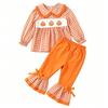Girls' Pumpkin Embroidery Plaid Suit - Doll Collar Top & Flare Pants Two-Piece Set for Autumn/Halloween 2026