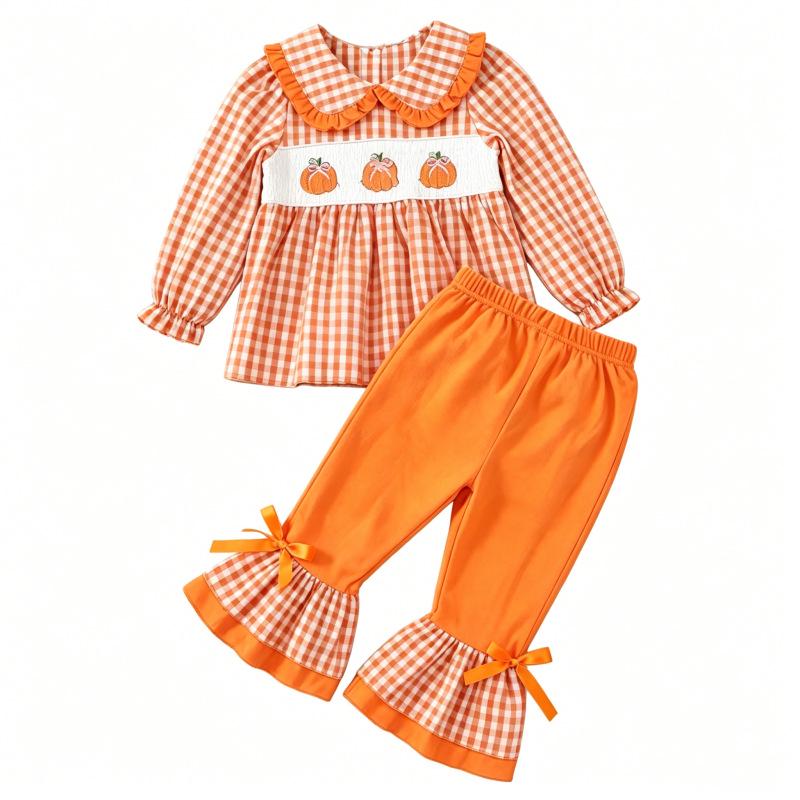 Girls' Pumpkin Embroidery Plaid Suit - Doll Collar Top & Flare Pants Two-Piece Set for Autumn/Halloween 2026