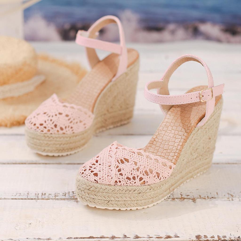 Women's Closed-Toe Wedge Sandals - Thick Sole, Waterproof Platform, Espadrille Style with Hemp Rope and Single Strap.