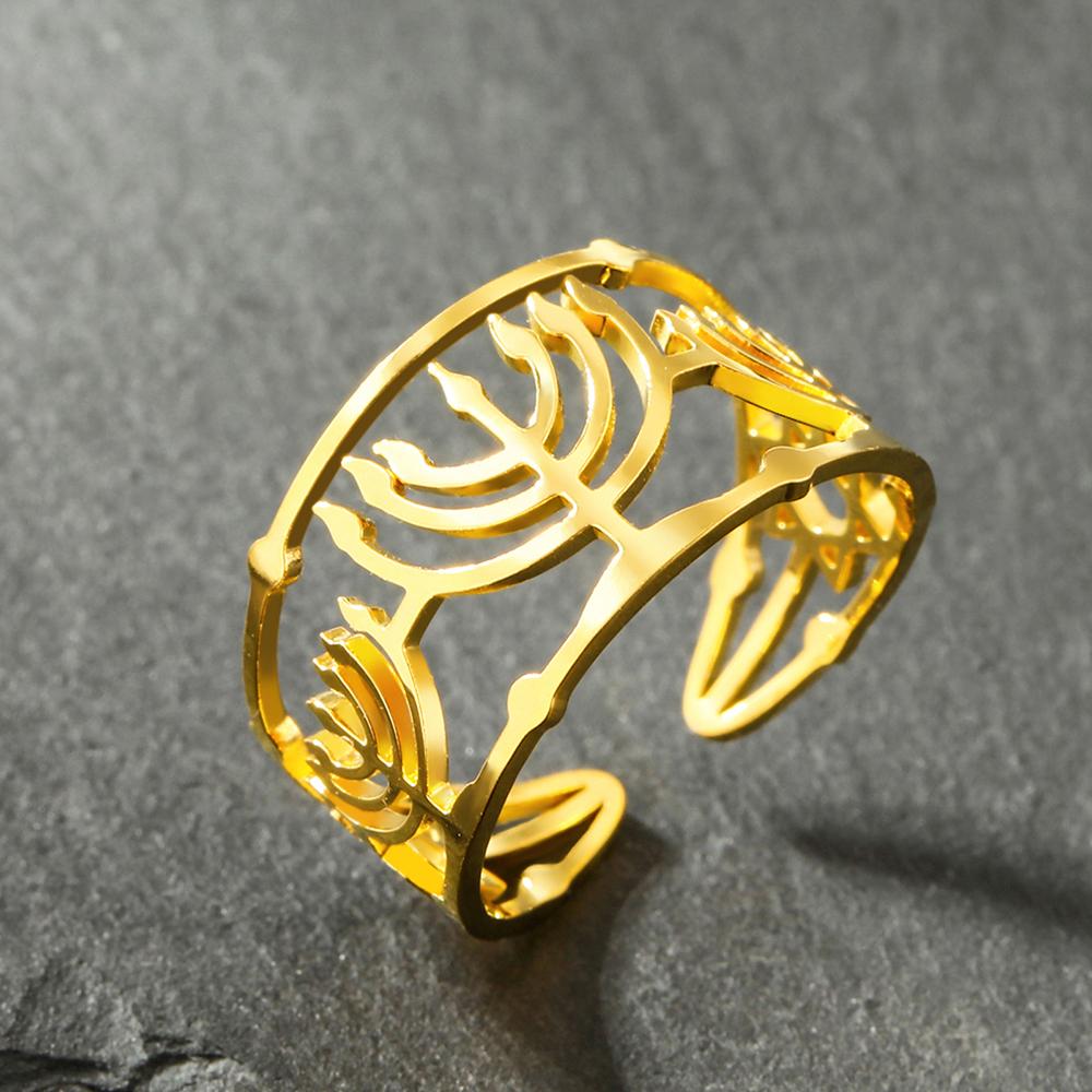 Dawapara Je Menorah Ring Jerusalem Symbol Hanukkah Chanukah Gift Judaic Jewelry Stainless Steel Adjustable Rings