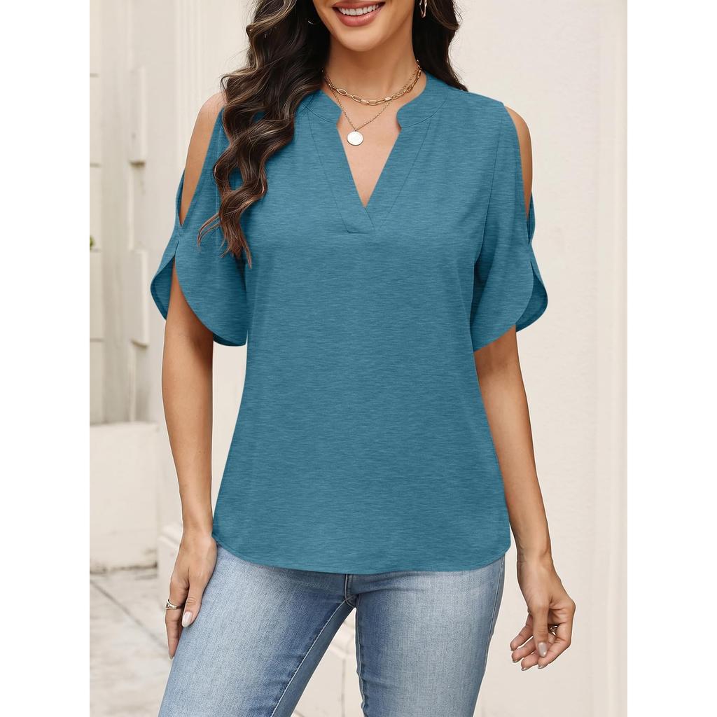 Womens Cold Shoulder V Neck T Shirt Short Sleeve Casual Loose Fit Top Summer Lightweight Blouse