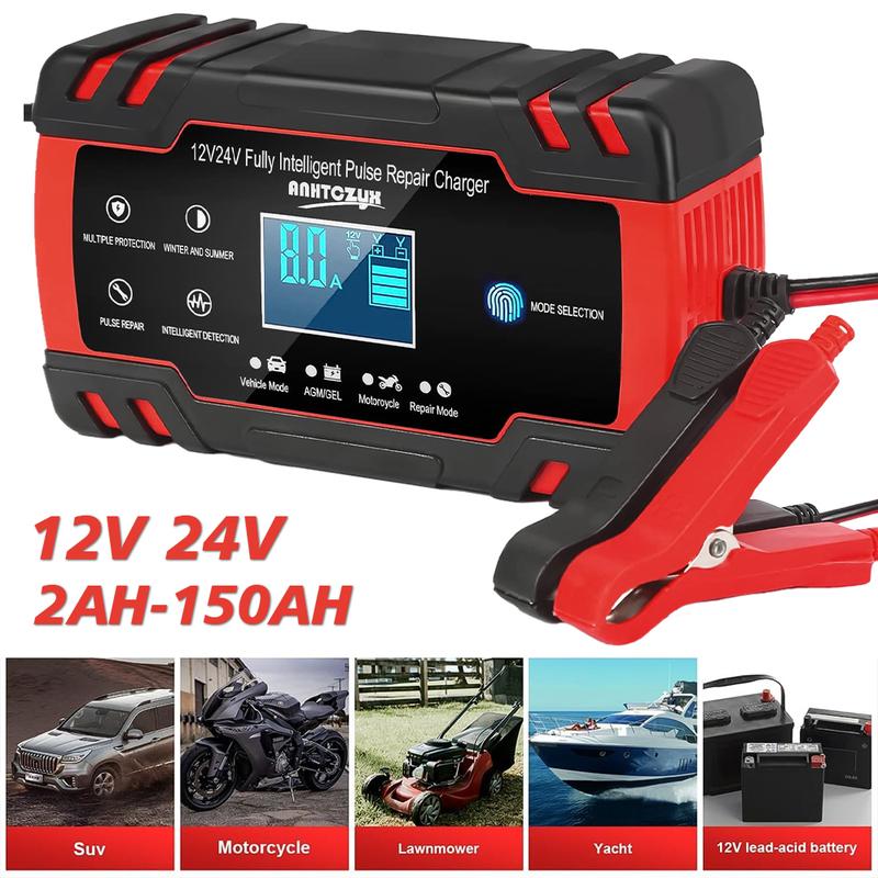 12/24V Smart Pulse Repair Battery Charger Digital Display Auto Motorcycle AGM Lead Acid Battery Maintainer Multi Protection