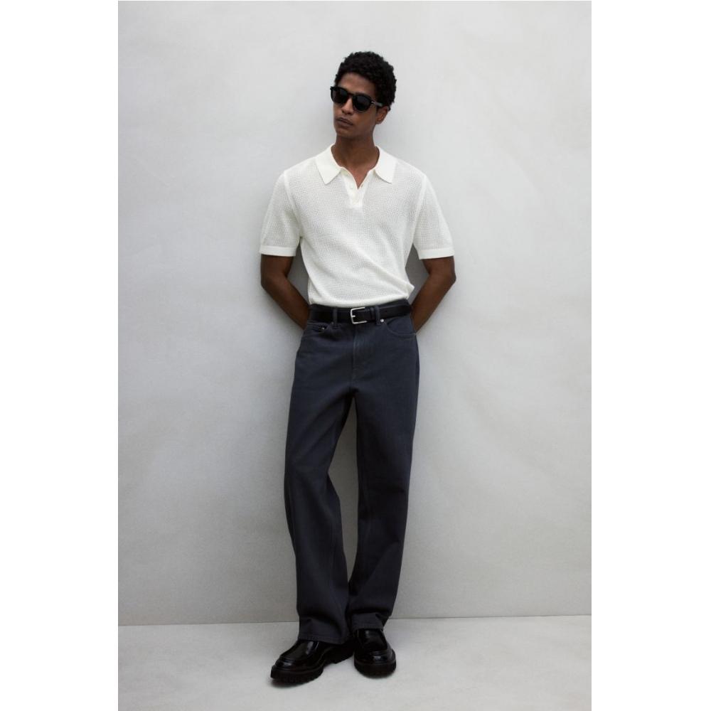 H M Regular Fit Hole Knit Polo sHirt wHite