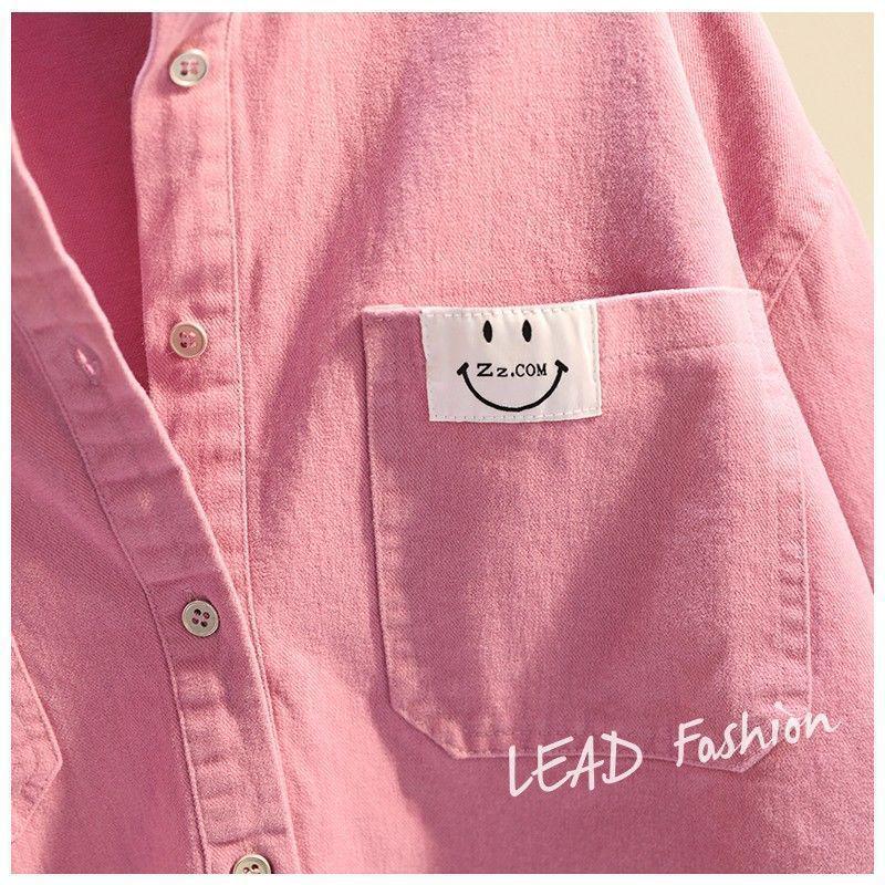 Damen Herbst Langarm Koreanischer Stil Strickjacke Hemd mit Smiley-Applikation und Doppeltaschen