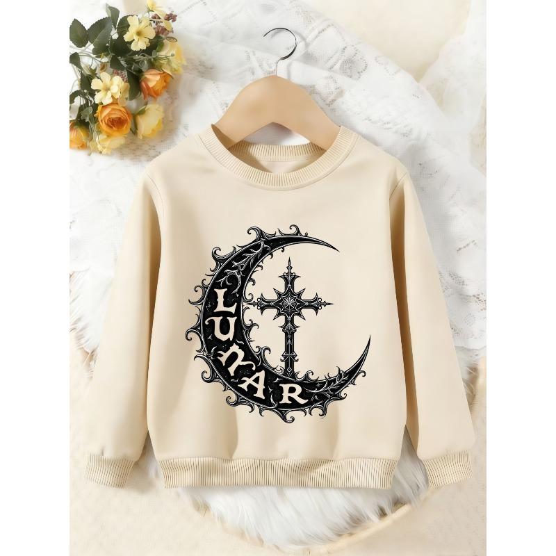 Unisex Kids Crewneck Sweatshirt, Gothic Lunar Crescent Moon Cross Print Pullover, Boys Girls Dark Style Casual Sweatshirt For Kids Over 4 Years Old