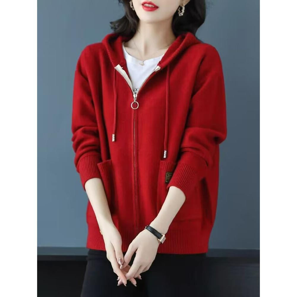 Mother Hooded Sweater Plus Size Jacket Women's Fashion Outer Hooded Wool Knit Cardigan Autumn Clothes