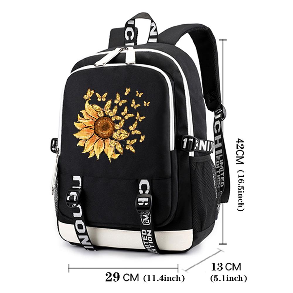Sunflower & Butterfly Print Backpack Popular Women Girls Fashion Travel Backpacks Outdoor School Bag