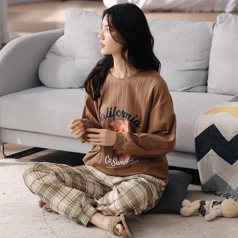 2025 Women's Spring & Autumn Cute Cartoon Cotton Pajamas - Long Sleeve & Pants, Comfortable Pullover for Homewear