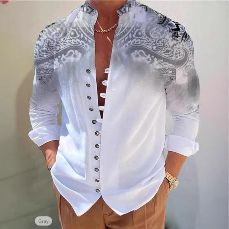Camicia da uomo a maniche lunghe per primavera estate Stampa Paisley Sfumata Collo alla coreana Bottoni