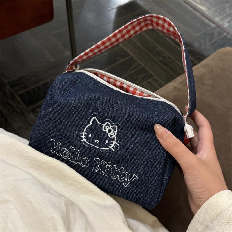 Cute Hello Kitty Denim Cosmetic Bag Large Capacity Vintage Contrast Plaid Handbag Portable Storage Bag Girl Kt Bag Gifts