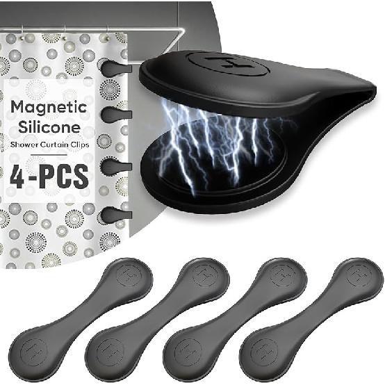 4 Pack Magnetic Silicone Shower Curtain Clips for Keeping Liner Closed to Wall Agat Water Splashing Out, Self Adhesive Windproof Splash Holder, Easy