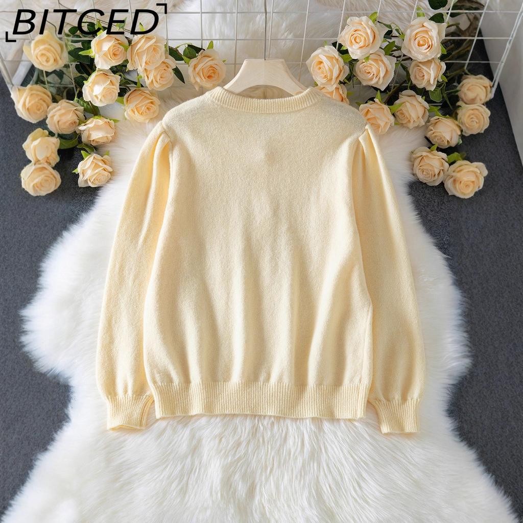 Elegancki damski kardigan dzianinowy BITCED na jesień/zimę z szydełkowym sznurowaniem, długim rękawem i jednorzędowym zapinaniem na guziki