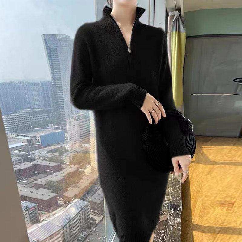 Women's High Neck Mid-Length Cashmere Sweater Dress - Autumn Collection with Zipper and Loose Knit Wool Design