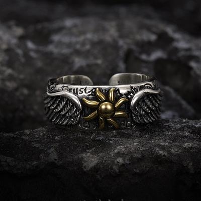 925 Thai Silver Sunflower Wing Ring Men's Retro Personality Open Ring Niche Design Graffiti Single Ring