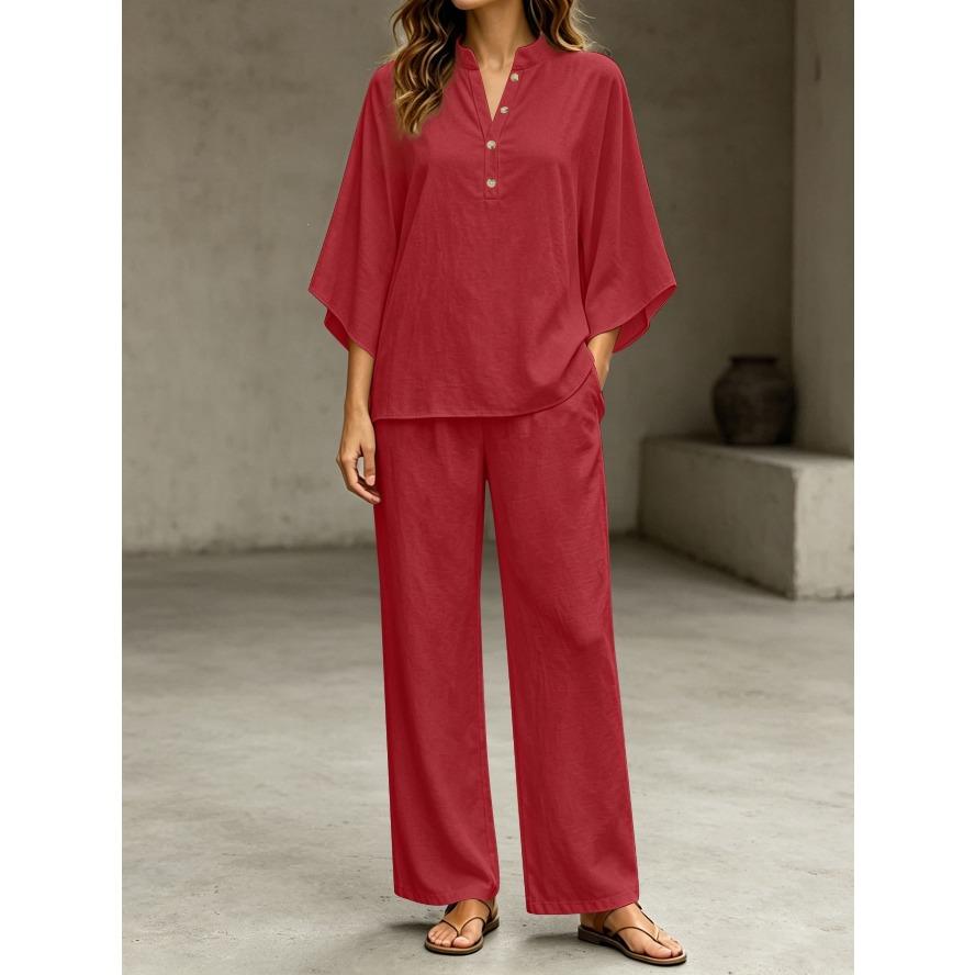 YYFS Moda Donna Casual Estate Primavera Colore Solido Stampa Manica 3/4 Scollo a V Pantaloni Completi Pantaloni