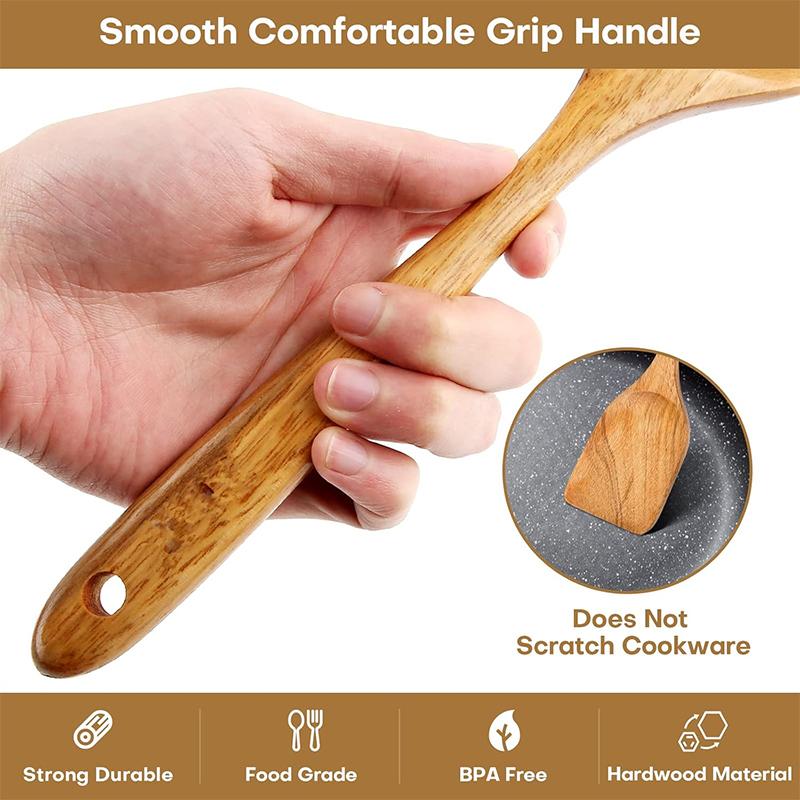 Lot de 10 Ustensiles de Cuisine en Bois de Teck Naturel Ensemble de Cuillères en Bois Spatule Ensemble d'Ustensiles de Cuisine Pour Cuisiner Pâtisserie Jt503