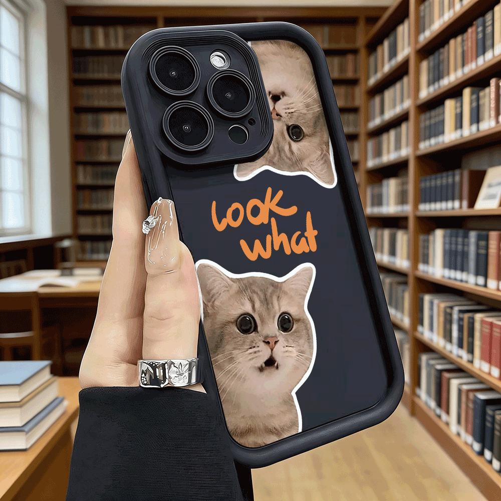 Cute Cat Faces with 'look What' Text Soft TPU Phone Case for iPhone 17 16 15 14 13 12 11 Pro Max Plus Shockproof Anti-Slip Cover