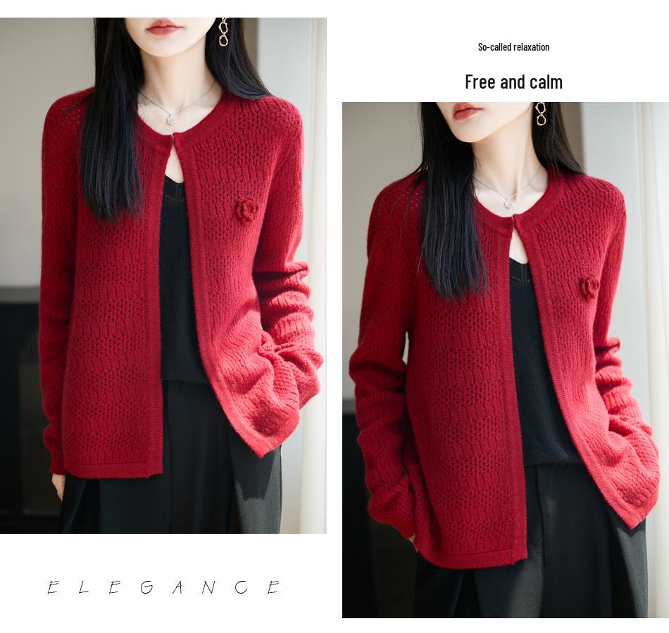 2025 Women's Round Neck Wool Shawl Cardigan: Hollow Out, Loose Fit, Versatile Long Sleeve Outerwear