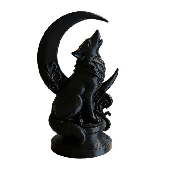 3D Printed Howling Wolf Crescent Moon Sculpture with Base