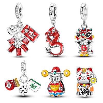 Copper Lucky Cat Red Envelope Chinese Dragon Charm Beads Fit Pandach Original Diy Bracelets Pendant Birthday Gift Jewelry